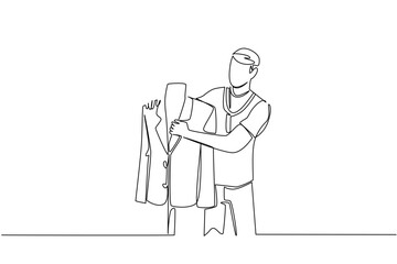 Single line drawing depicts a male tailor examining a suit jacket on a mannequin, representing tailoring industry concept for National Tailors Day, honoring craftsmanship, design, and bespoke app
