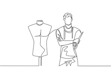 One line drawing shows a male tailor holding scissors beside a mannequin, representing fashion industry concept for National Tailors Day, celebrating creativity and craftsmanship.