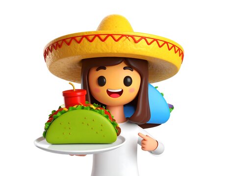 Cartoon girl in sombrero holding a taco