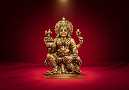 Antique Brass Idol of Lord Kubera, Hindu God of Wealth, Seated with Money Pot and Mongoose on Deep Red Velvet, Illuminated by Warm Spotlight, Symbolizing Prosperity and Financial Blessings.