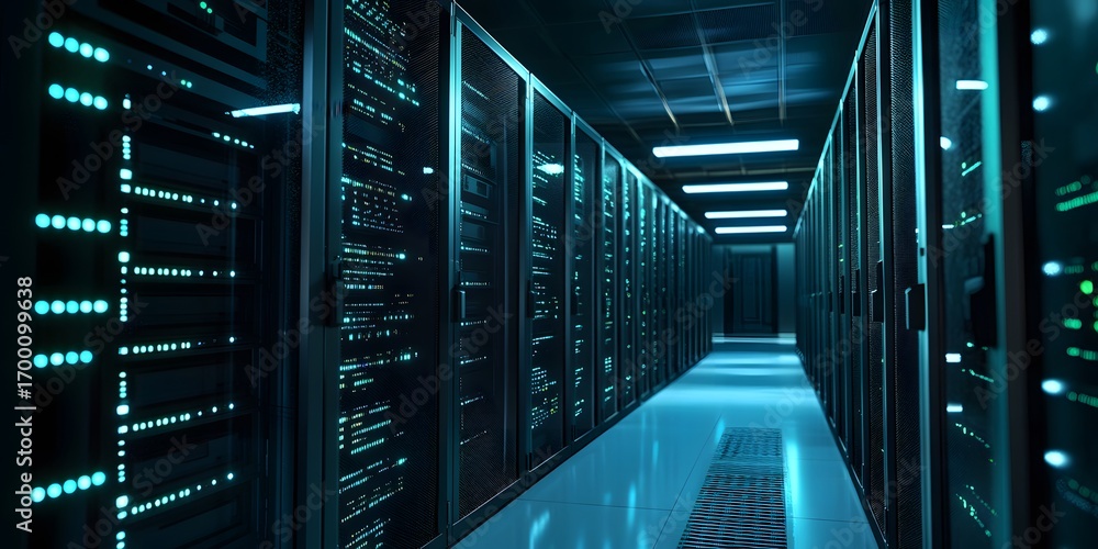 Poster a sleek and modern data center corridor showcasing high-tech servers with vibrant led lights illumin