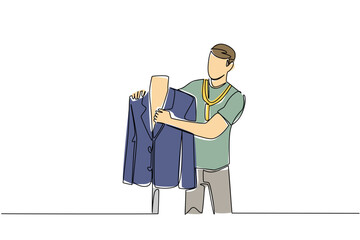 A young man tailor measures a formal jacket on a mannequin with tape in continuous line drawing style, highlighting business concept and skill craftsmanship for National Tailors Day theme.