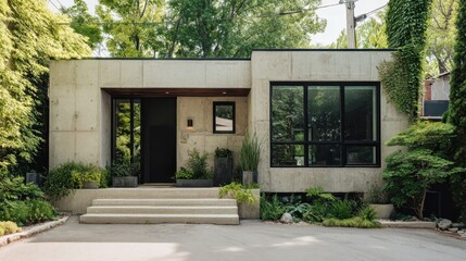 Concrete house exterior featuring a modern design with large windows, a sleek black door, and lush landscaping, creating a welcoming and stylish curb appeal