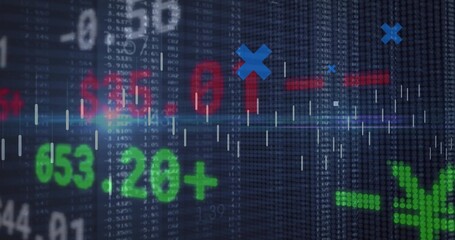 Displaying financial overlay at trading interface, with green arrows, red values, candlestick bars