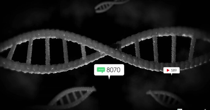 Floating central DNA helix in 3D abstract display, with chat icon 8070 and play icon 589