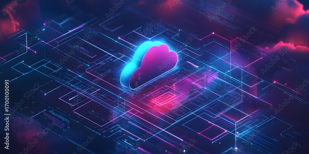 Poster a vibrant digital cloud icon surrounded by a network of neon lines and shapes, illustrating the conc
