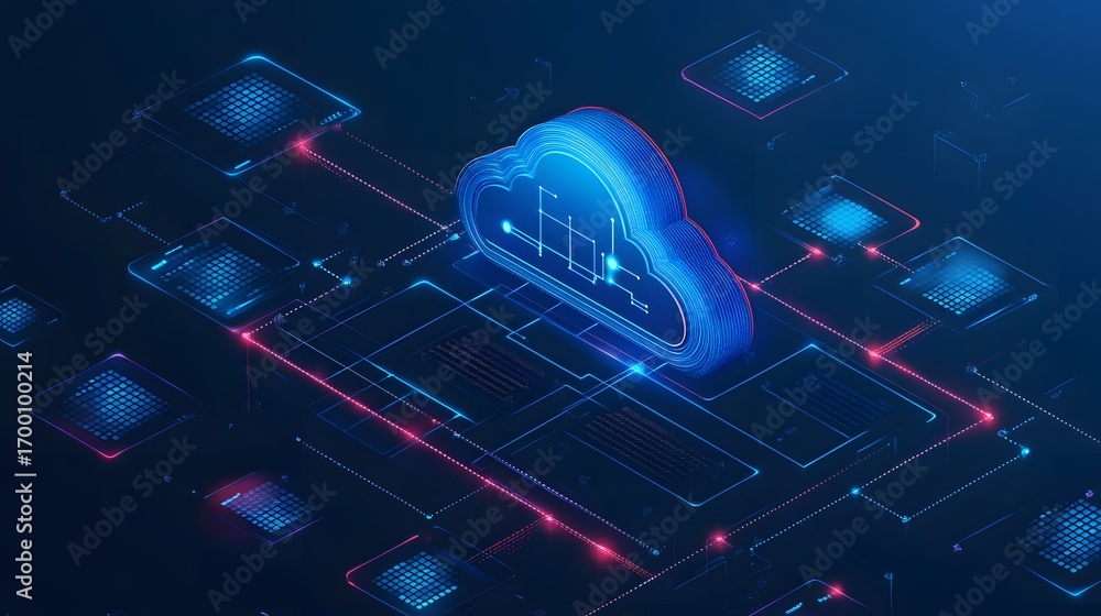 Poster a vibrant digital representation of cloud computing, showcasing an interconnected network of data an