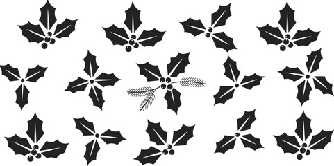 Holly leaf and berry pattern, black and white festive botanical design, Christmas decoration vector, winter holiday plant graphic, seasonal nature art elements