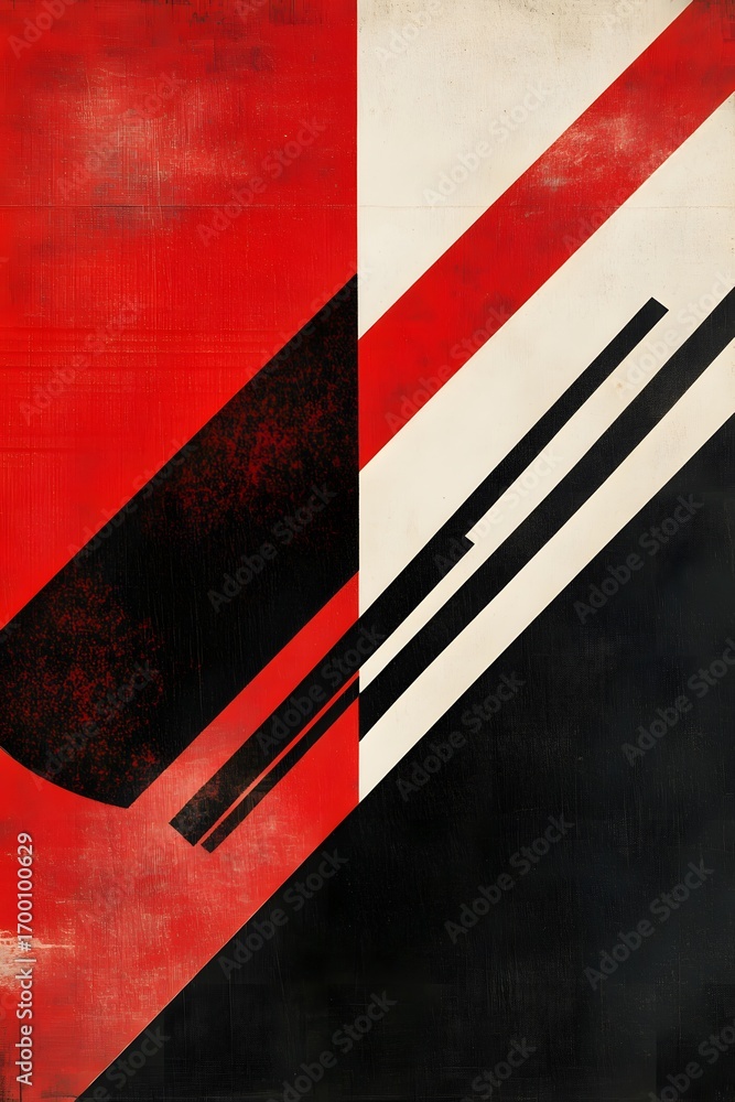 Poster an abstract composition featuring bold red, black, and white shapes. the design plays with geometric