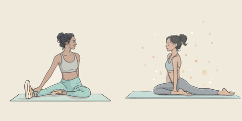 Fototapeta premium Two women perform yoga poses on exercise mats in a peaceful setting.