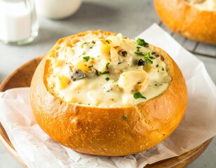 Creamy Clam Chowder with Potatoes and Parsley in a Golden Sourdough Bread Bowl.