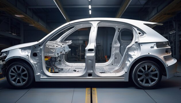 car body shell in auto factory white structure with open doors