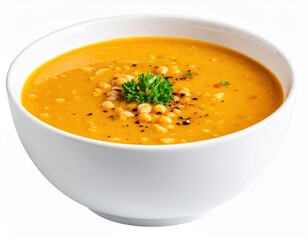 Creamy Golden Vegetable Soup with Chickpeas and Parsley in a Minimalist White Bowl.