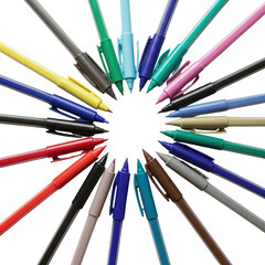 Fototapeta premium Colorful Ballpoint Pen Circle Arrangement on White Background
