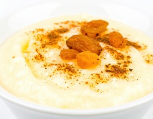 Creamy Rice Pudding with Golden Sultanas and a Dusting of Aromatic Cinnamon.
