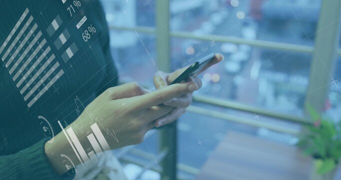 Showing professional hands analyzing financial data on smartphone at cafe, with table and plant