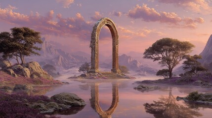 Beautiful fantasy landscape with an arch and calm, reflective water. Use for spiritual, calming, or magical projects that need an ethereal touch.