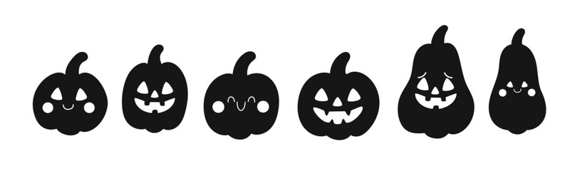 Halloween solid black silhouette cute pumpkins with fun and spooky expressions. Ideal for Halloween crafts, stickers, greeting cards and autumn designs for children.