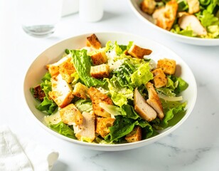 Crisp Chicken Caesar Salad with Grilled Slices and Golden Croutons in a Bright Clean Setting.