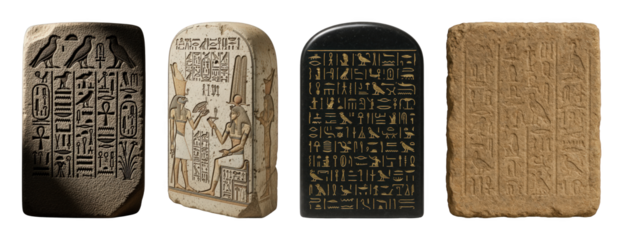 Ancient Egyptian stele set including stone tablets with carved and painted hieroglyphics isolated. History and archaeology collection.