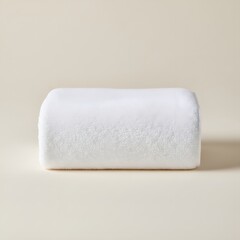 Pristine White Luxury Bath Towels Neatly Folded and Stacked on a Soft Beige Studio Background, Ideal for Premium Home Linen and Hotel Amenities Showcases.