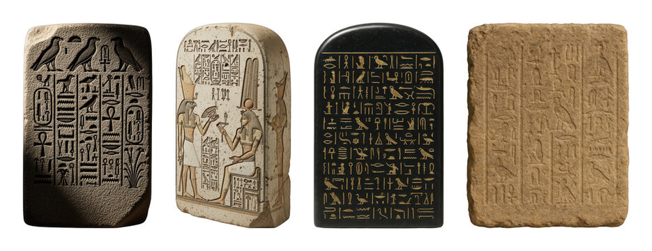 Ancient Egyptian stele set including stone tablets with carved and painted hieroglyphics isolated. History and archaeology collection.