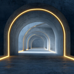 Obraz premium A futuristic concrete tunnel with illuminated orange arched doorways, creating a sense of depth, journey, and modern architectural design. 