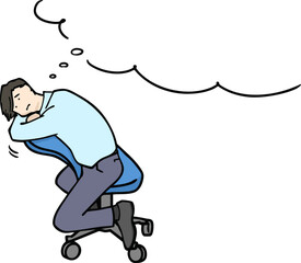 椅子に逆向きにもたれて思い悩むスーツ男性のイラスト　吹き出し付き