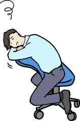 椅子に逆向きにもたれてぐんにゃり思い悩むスーツ男性のイラスト