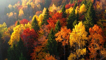 A vibrant autumn forest scene displays a colorful canopy of trees in various shades of red, yellow, and orange, bathed in sunlight.