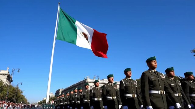 Patriotic Mexican military parade marching with national flag waving proudly in clear blue sky