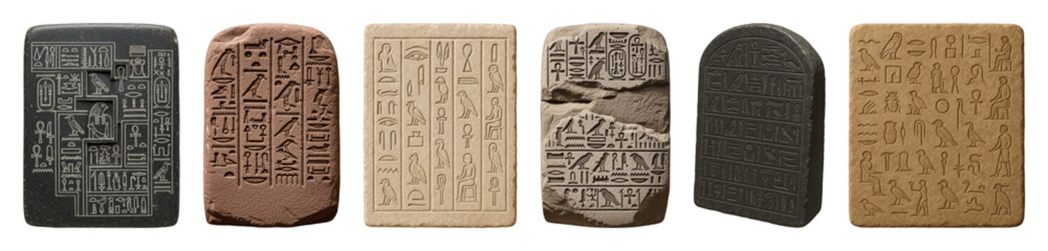 Ancient Egyptian hieroglyph tablets set including various stone compositions and carvings isolated. Historical and cultural artifact collection.