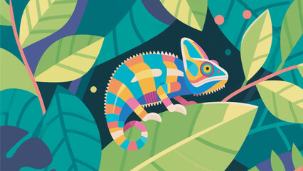 Illustration of a colorful chameleon hiding in the leaves vector design template © BedRoses