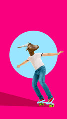Creative digital artwork. Goat headed man skateboarding in colorful surreal street style portrait. Concept of urban youth, alternative lifestyle, fashion editorial, and playful identity.