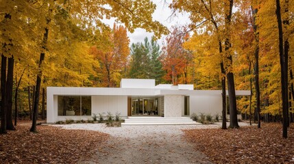 Winding gravel path traversing vibrant autumn woodland, leading toward sleek white residence nestled among colorful foliage and natural tranquility