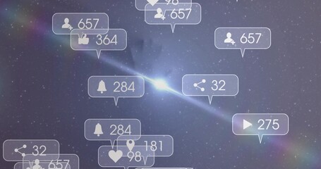 Floating social media icons orbiting glow in deep space, showing user silhouettes, thumbs-up, bell