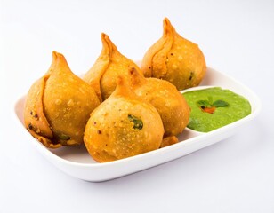 Crispy Golden Potli Samosas Served with Vibrant Mint Chutney Dip on a White Plate.
