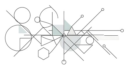 Abstract geometric design with intersecting lines, circles, and polygons.