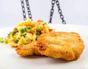 Crispy Golden Schnitzel and Fresh Potato Salad with an Abstract Industrial Chain Accent.