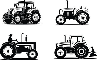 Vintage tractor illustrations, modern and classic farm machinery drawings, black and white agricultural vehicle art, rural farming equipment, detailed agriculture graphic design elements