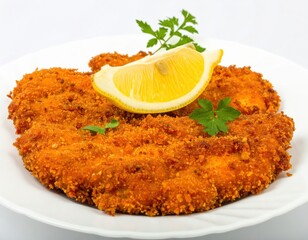 Crispy GoldenBrown Schnitzel with a Zesty Lemon Wedge and Fresh Parsley Garnish.