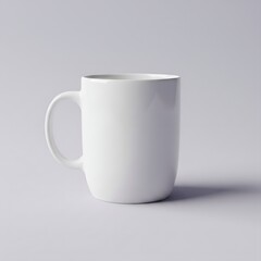 Obraz premium Pristine white ceramic coffee mug on soft lavender background, minimalist homeware product photography for marketing, clean lines and elegant design.