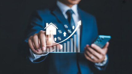 Real Estate Investment Graph: A well-dressed individual interacts with a vibrant augmented reality interface.