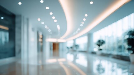 Blurred modern office corridor featuring expansive windows, polished marble flooring, soft illumination, conveying professional, minimalist workspace environment