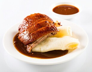 Crispy Roasted Peking Duck with Glossy Glaze Soft Buns and Savory Sauce on a White Plate.