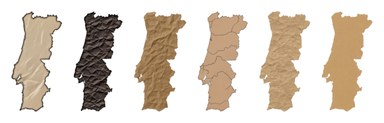 Portugal map set including crumpled, flat, and outlined regional paper textures isolated. Geographic country design elements.