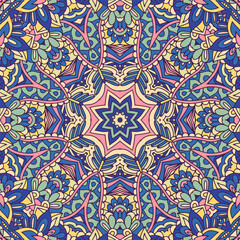 Mandala star ethnic festival art seamless pattern. Vector intricate geometric mosaic mexican mood print. Colorful repeating kaleidoscopic background arabesque