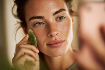 Young woman performing a soothing facial gua sha massage with a green jade tool for natural skincare, relaxation and glowing healthy skin