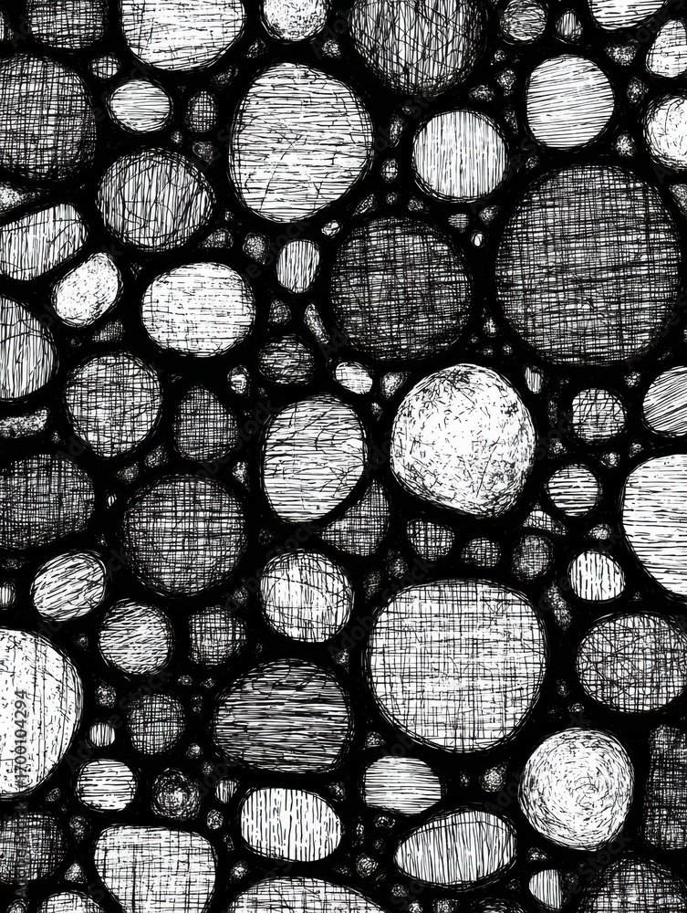 Aufkleber black and white abstract design featuring various shapes and sizes of stones on a textured backgroun