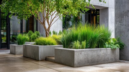 Urban concrete planters bursting with lush greenery softening architectural lines of contemporary structure, adding organic texture to minimalist exterior design